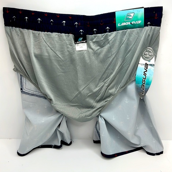 LAGUNA COASTAL FIT ABOVE THE KNEE BATHING SUIT, NAVY WITH RED & WHITE ANCHORS, L - Picture 12 of 15